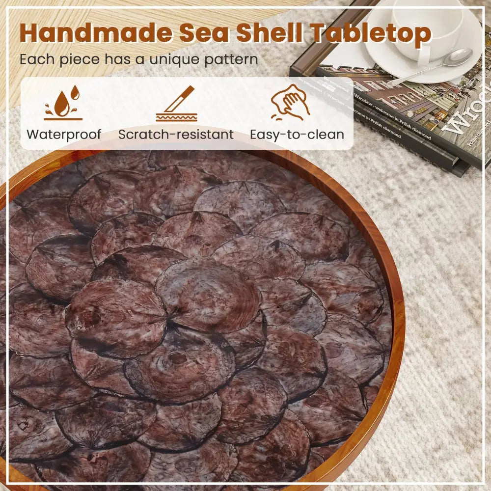 20 Inch Round End Table with Sea Shell Decoration and Epoxy Resin Finish-Brown Costway