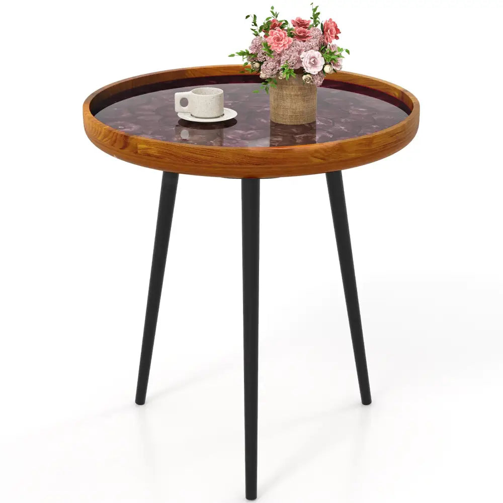 20 Inch Round End Table with Sea Shell Decoration and Epoxy Resin Finish-Brown Costway