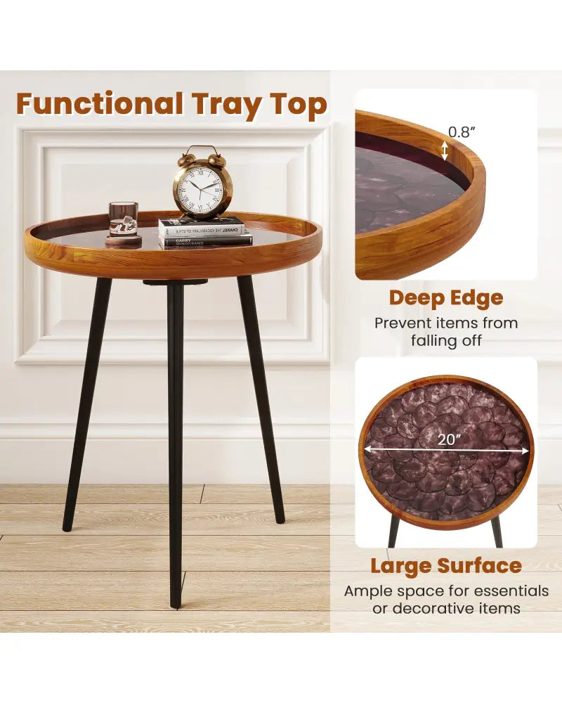 20 Inch Round End Table with Sea Shell Decoration and Epoxy Resin Finish-Brown - Brown - End & Side Tables