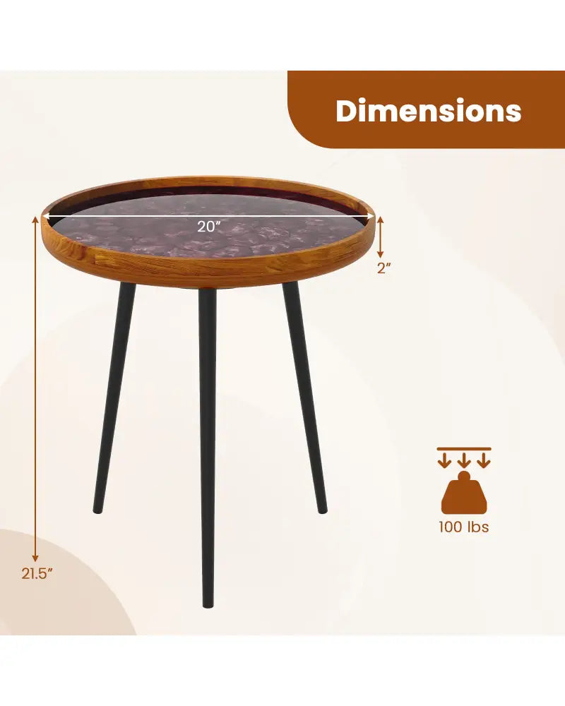 20 Inch Round End Table with Sea Shell Decoration and Epoxy Resin Finish-Brown - Brown - End & Side Tables