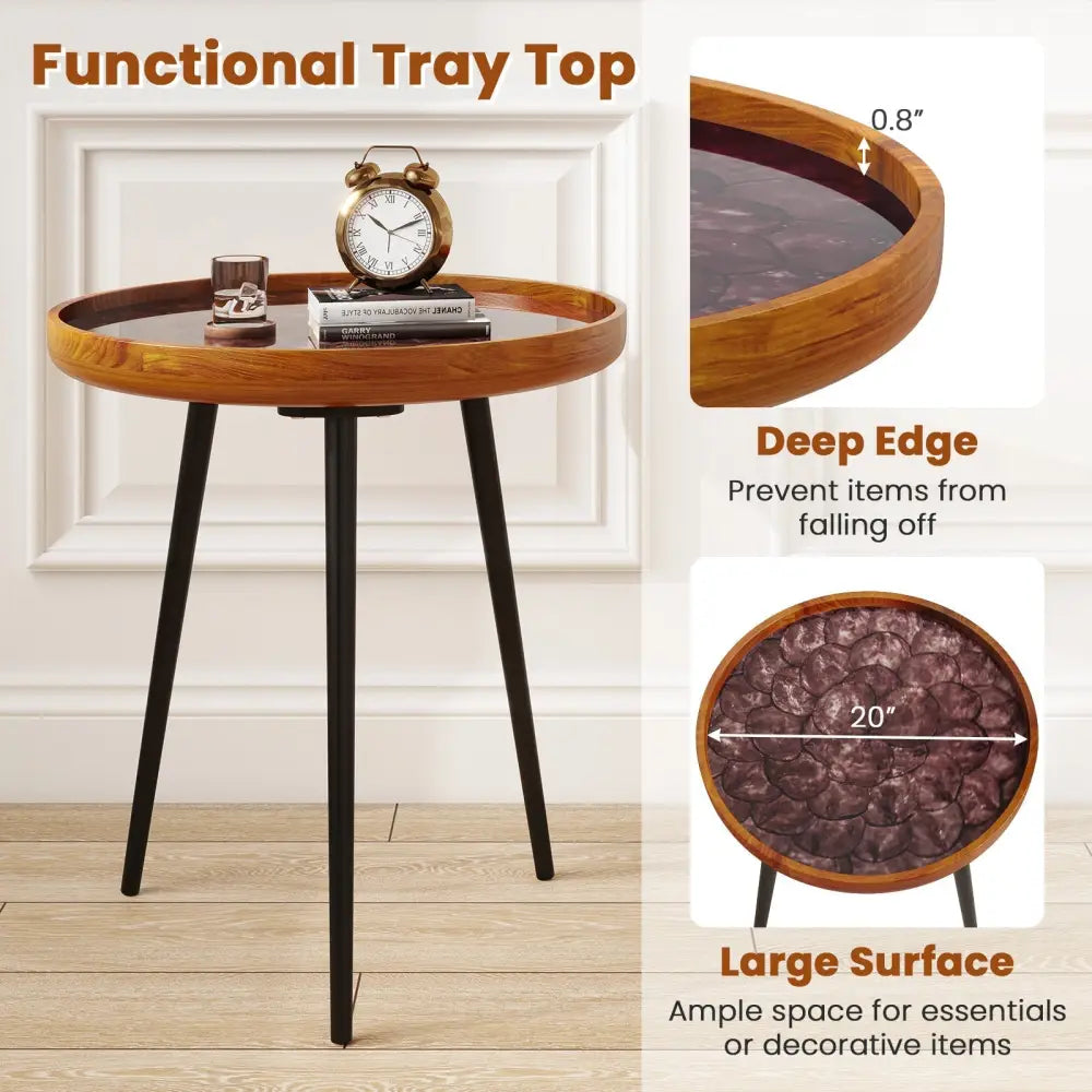 20 Inch Round End Table with Sea Shell Decoration and Epoxy Resin Finish-Brown Costway