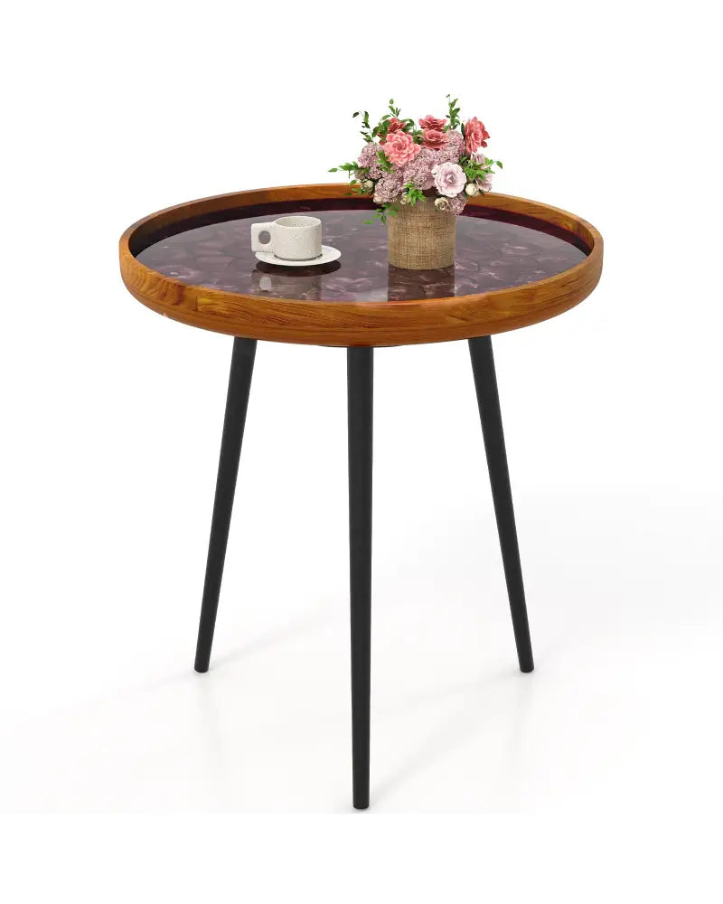 20 Inch Round End Table with Sea Shell Decoration and Epoxy Resin Finish-Brown - Brown - End & Side Tables