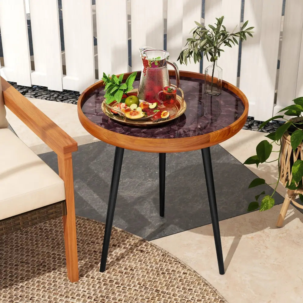20 Inch Round End Table with Sea Shell Decoration and Epoxy Resin Finish-Brown Costway