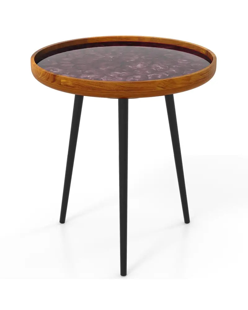 20 Inch Round End Table with Sea Shell Decoration and Epoxy Resin Finish-Brown - Brown - End & Side Tables