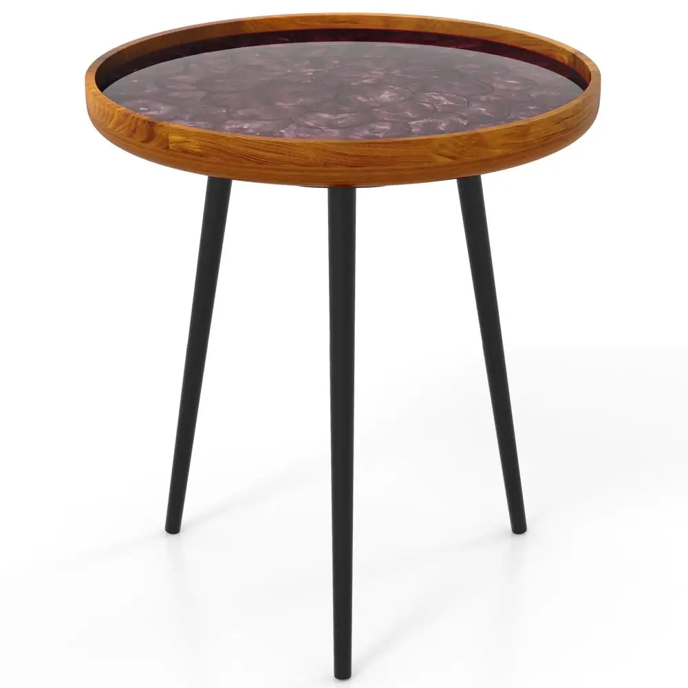 20 Inch Round End Table with Sea Shell Decoration and Epoxy Resin Finish-Brown Costway