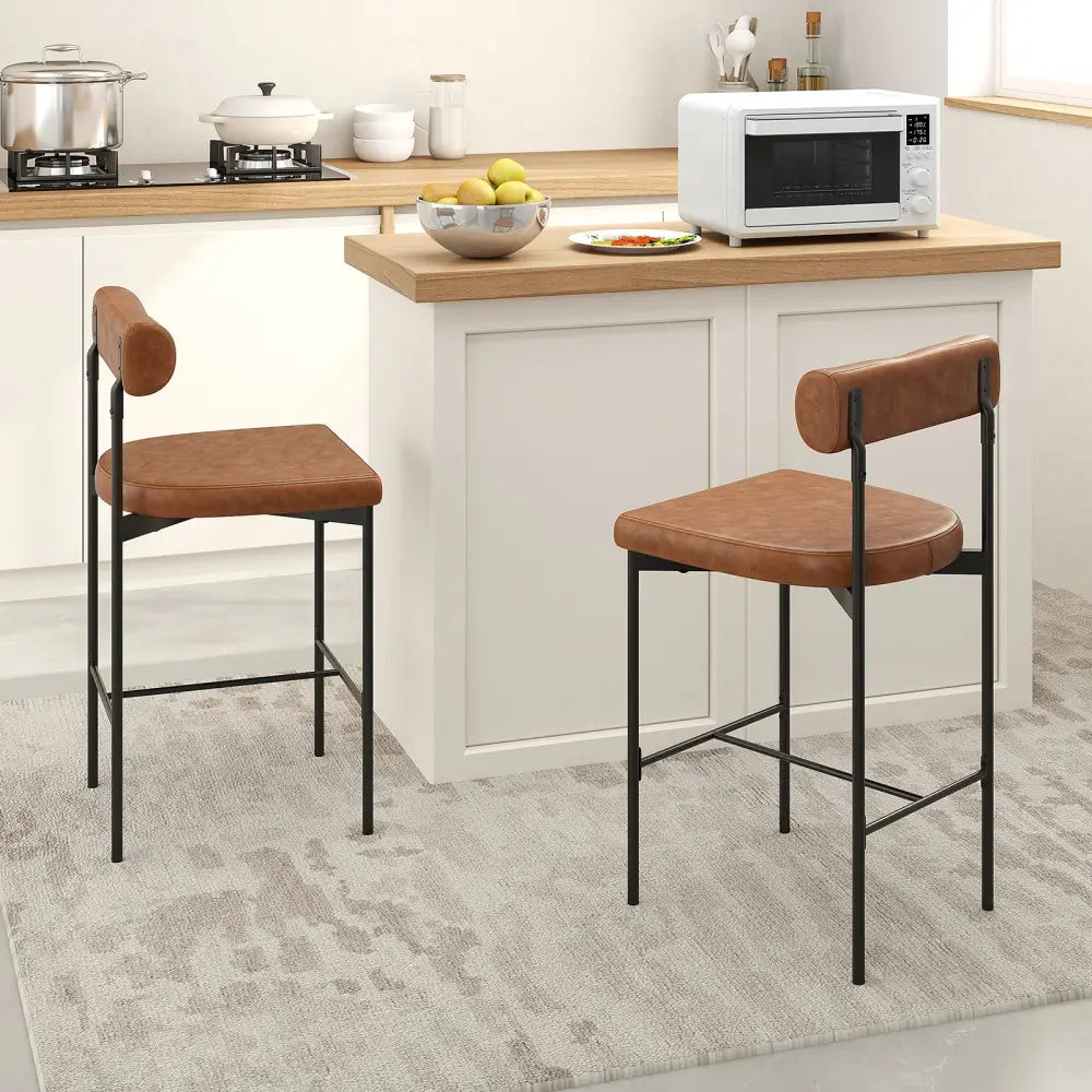20 Inch Upholstered Bar Stools Set of 2 Counter Height Bar Chairs with  Backrest-Brown Costway
