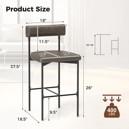 20 Inch Upholstered Bar Stools Set of 2 Counter Height Bar Chairs with  Backrest-Gray Costway