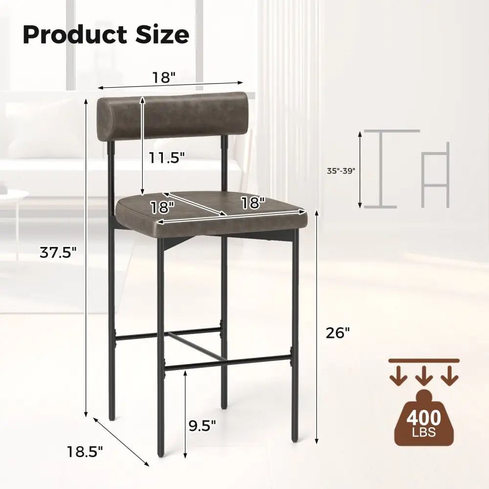 20 Inch Upholstered Bar Stools Set of 2 Counter Height Bar Chairs with  Backrest-Gray Costway