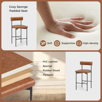 20 Inch Upholstered Bar Stools Set of 2 Counter Height Bar Chairs with  Backrest-Brown Costway