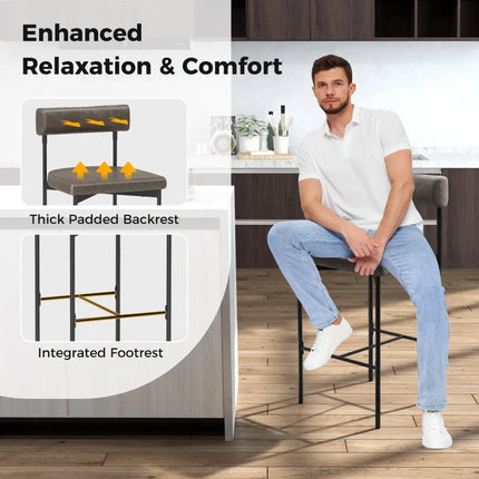 20 Inch Upholstered Bar Stools Set of 2 Counter Height Bar Chairs with  Backrest-Gray Costway