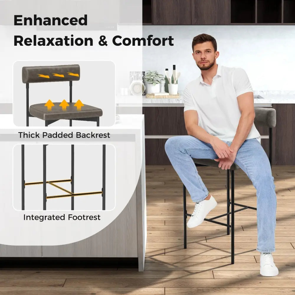 20 Inch Upholstered Bar Stools Set of 2 Counter Height Bar Chairs with  Backrest-Gray Costway