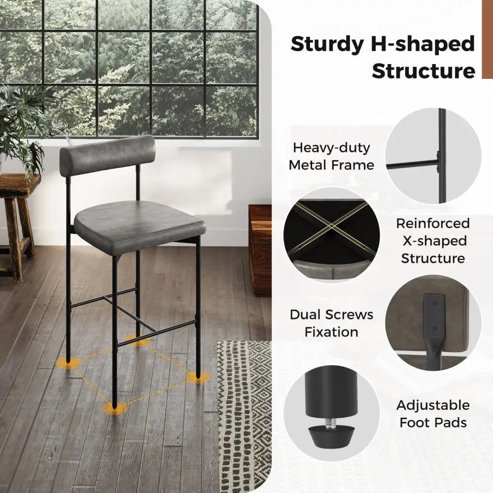 20 Inch Upholstered Bar Stools Set of 2 Counter Height Bar Chairs with  Backrest-Gray Costway