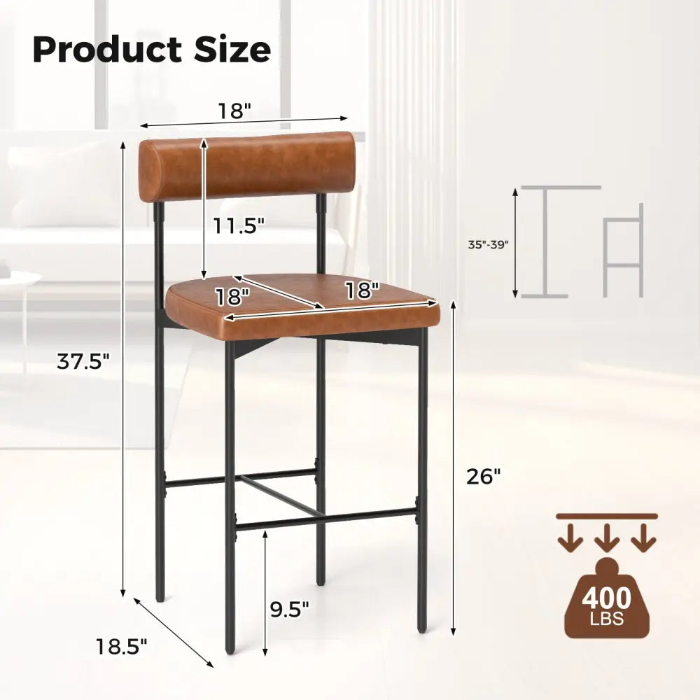20 Inch Upholstered Bar Stools Set of 2 Counter Height Bar Chairs with  Backrest-Brown Costway