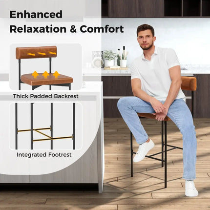 20 Inch Upholstered Bar Stools Set of 2 Counter Height Bar Chairs with  Backrest-Brown Costway