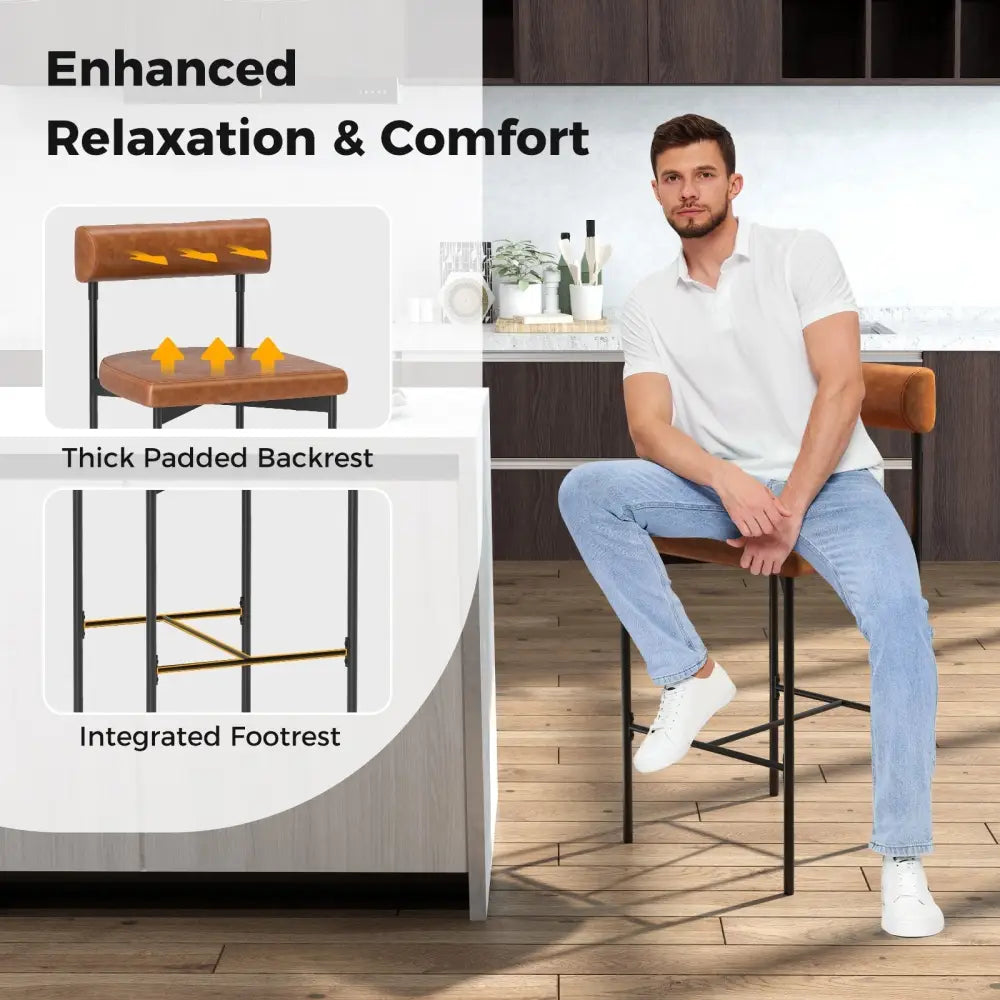 20 Inch Upholstered Bar Stools Set of 2 Counter Height Bar Chairs with  Backrest-Brown Costway