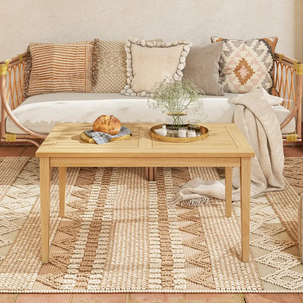 20 Inch x 35.5 Inch Outdoor Teak Wood Coffee Table with Slatted Tabletop for Balcony - Natural - Patio Coffee Tables
