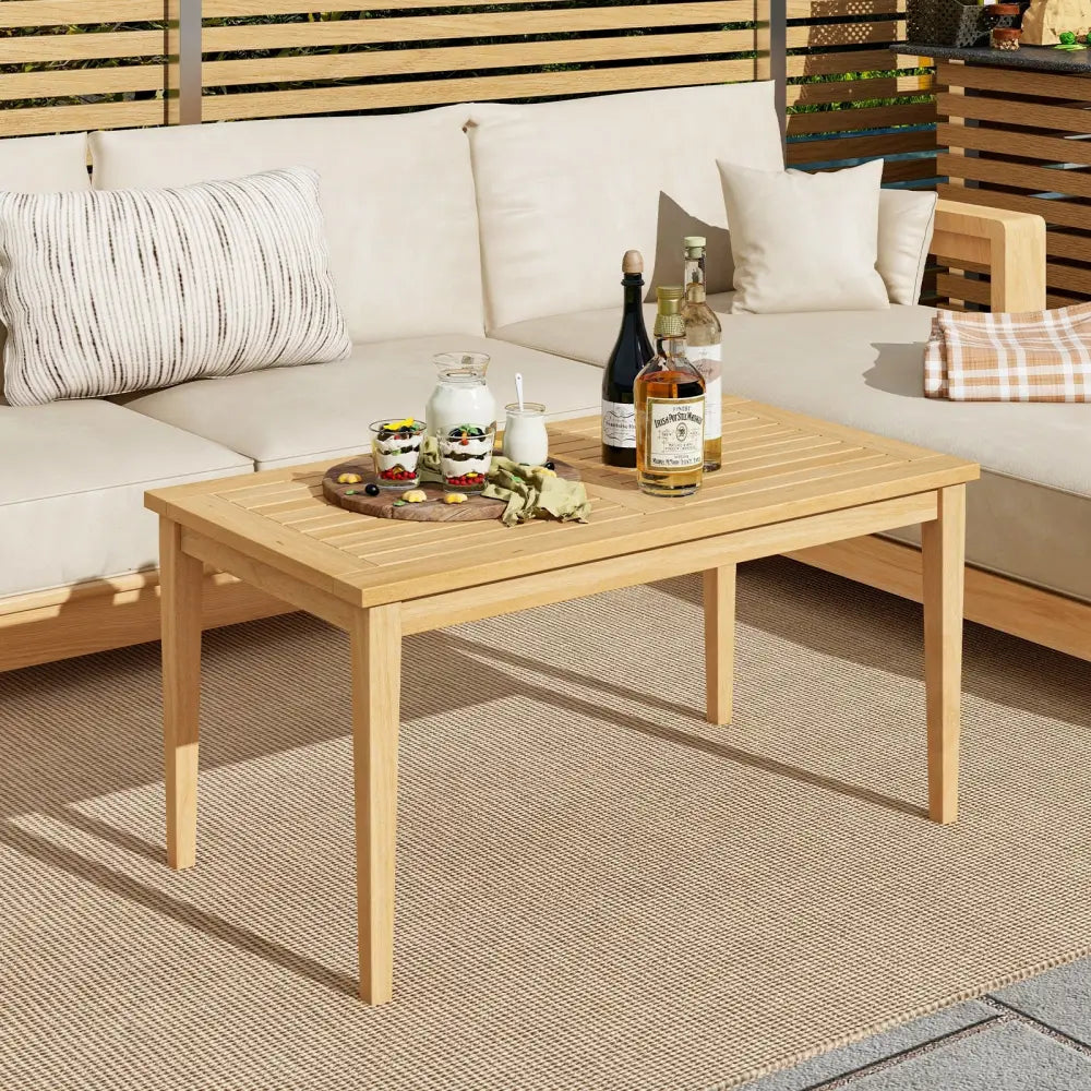 20 Inch x 35.5 Inch Outdoor Teak Wood Coffee Table with Slatted Tabletop for Balcony - Natural - Patio Coffee Tables
