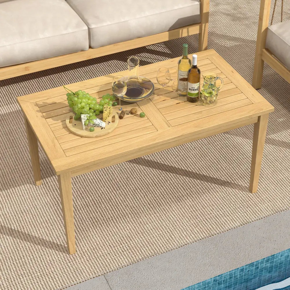 20 Inch x 35.5 Inch Outdoor Teak Wood Coffee Table with Slatted Tabletop for Balcony - Natural - Patio Coffee Tables