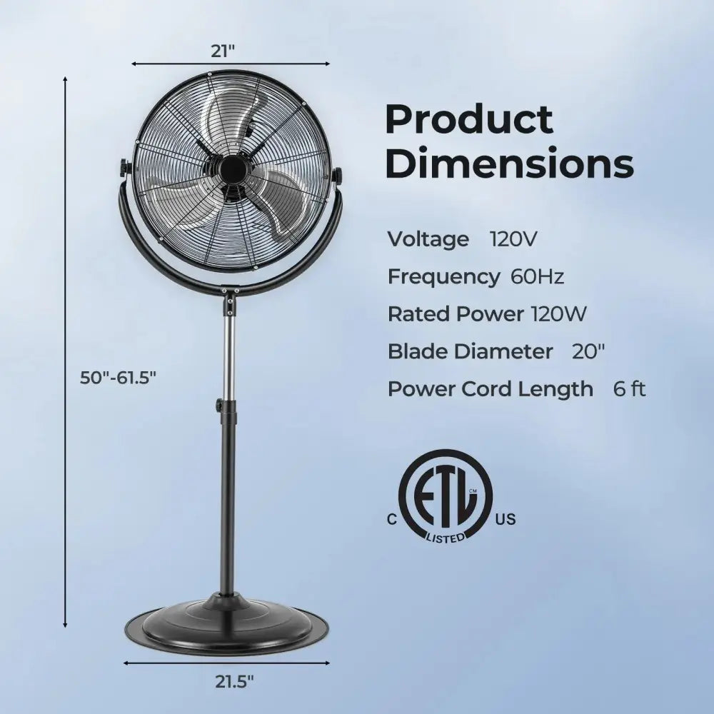 20 Inches High Velocity Pedestal Fan with 3 Speeds and Adjustable Height-Black Costway