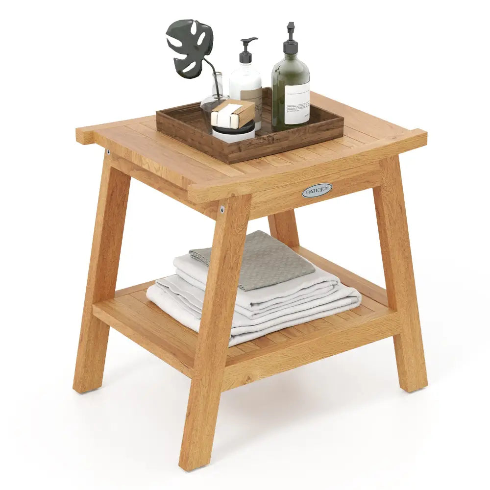 20 Inches Teak Wood Shower Bench with Storage Shelf and Adjustable Foot Pads - Natural - Bath Safety