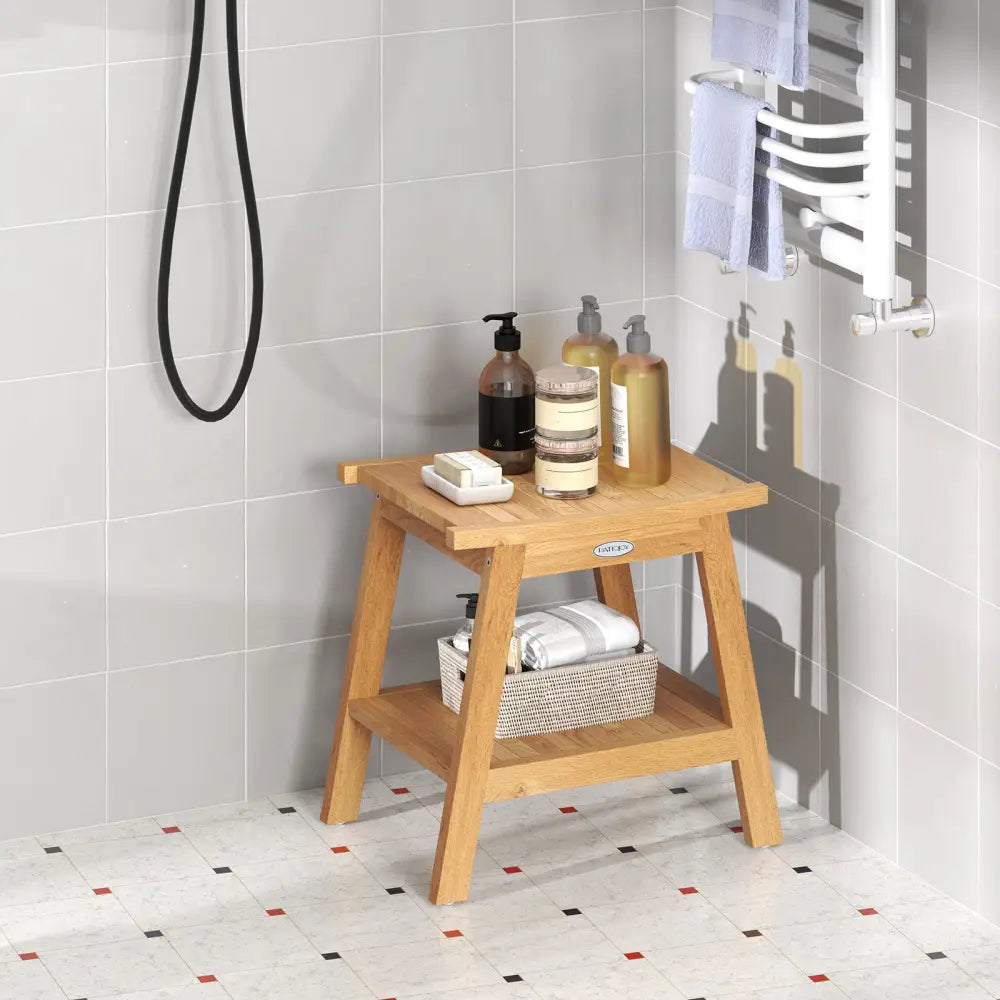 20 Inches Teak Wood Shower Bench with Storage Shelf and Adjustable Foot Pads - Natural - Bath Safety