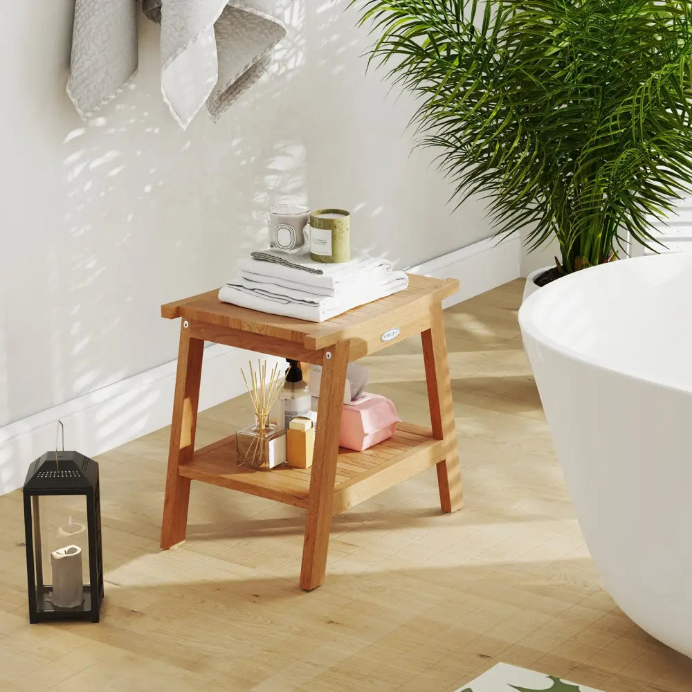 20 Inches Teak Wood Shower Bench with Storage Shelf and Adjustable Foot Pads - Natural - Bath Safety