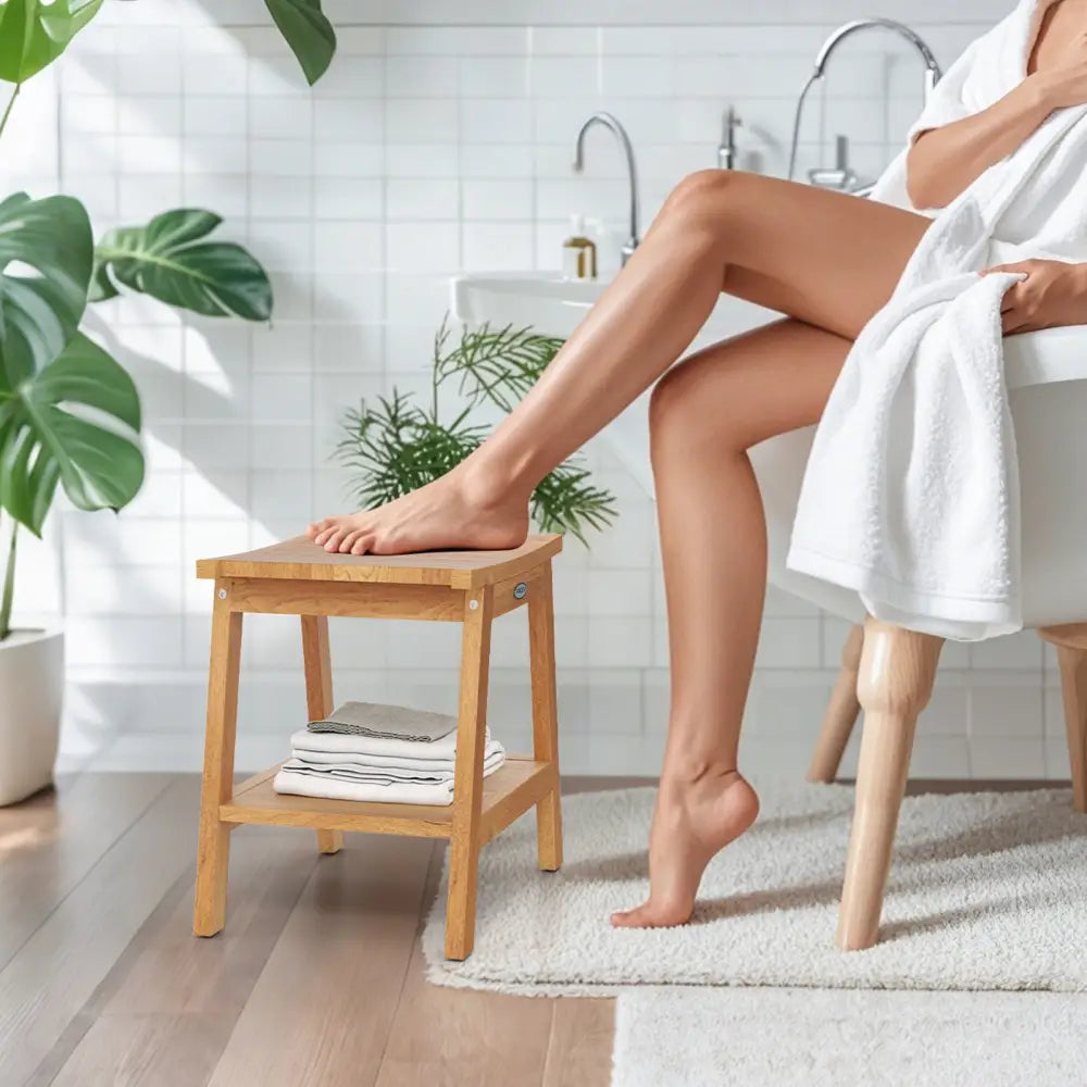 20 Inches Teak Wood Shower Bench with Storage Shelf and Adjustable Foot Pads - Natural - Bath Safety