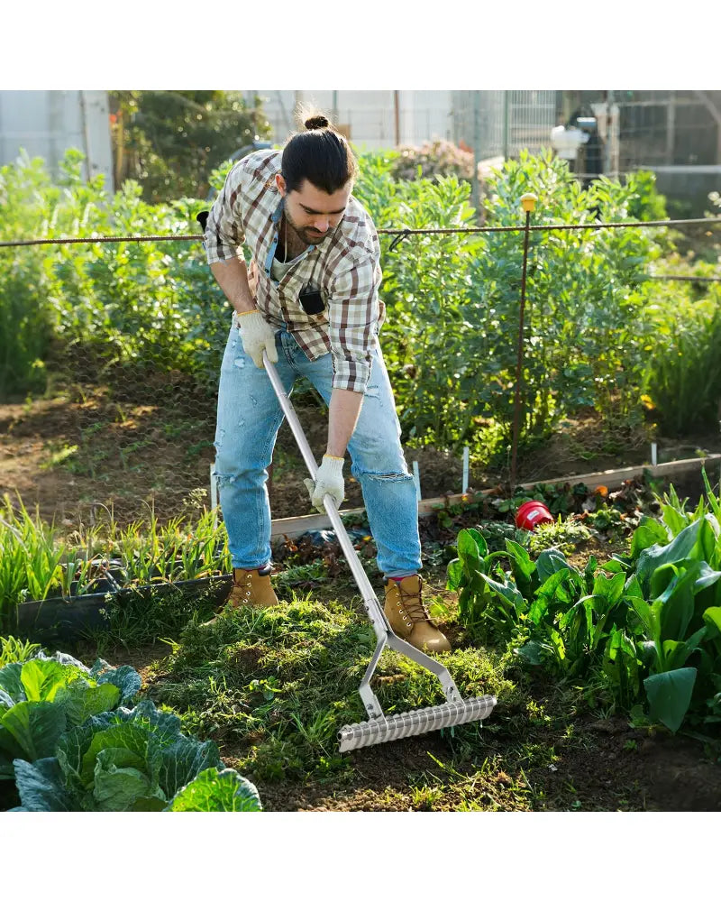 20 Inches Wide Aluminum Lawn Loosening Soil Rake with Long Handle and 19 Curved Tines - Lawn Care Tools
