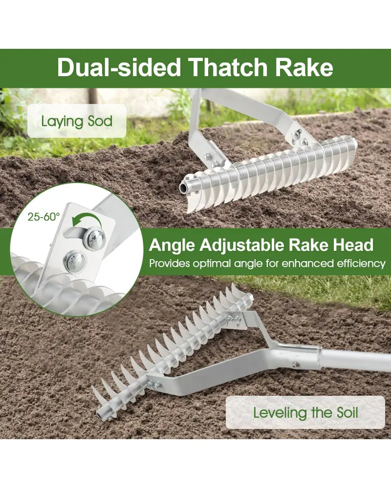 20 Inches Wide Aluminum Lawn Loosening Soil Rake with Long Handle and 19 Curved Tines - Lawn Care Tools