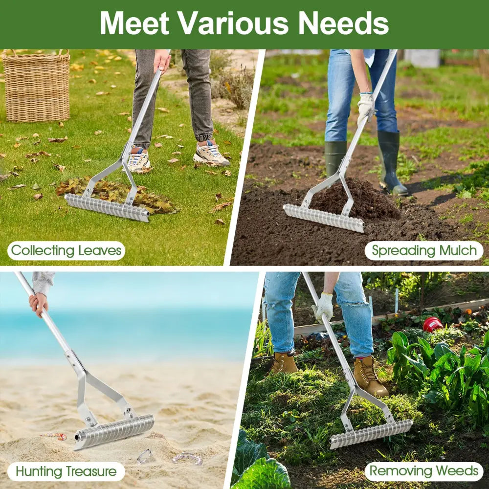20 Inches Wide Aluminum Lawn Loosening Soil Rake with Long Handle and 19 Curved Tines - Lawn Care Tools