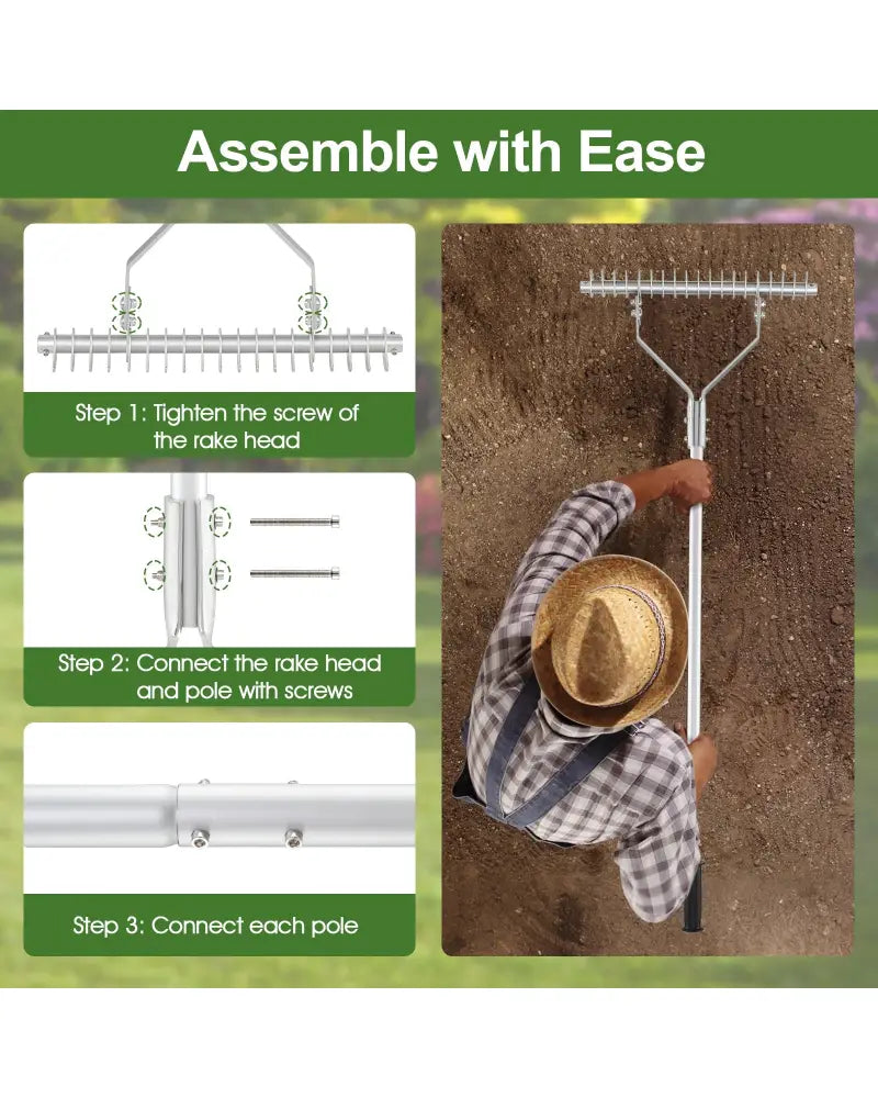 20 Inches Wide Aluminum Lawn Loosening Soil Rake with Long Handle and 19 Curved Tines - Lawn Care Tools