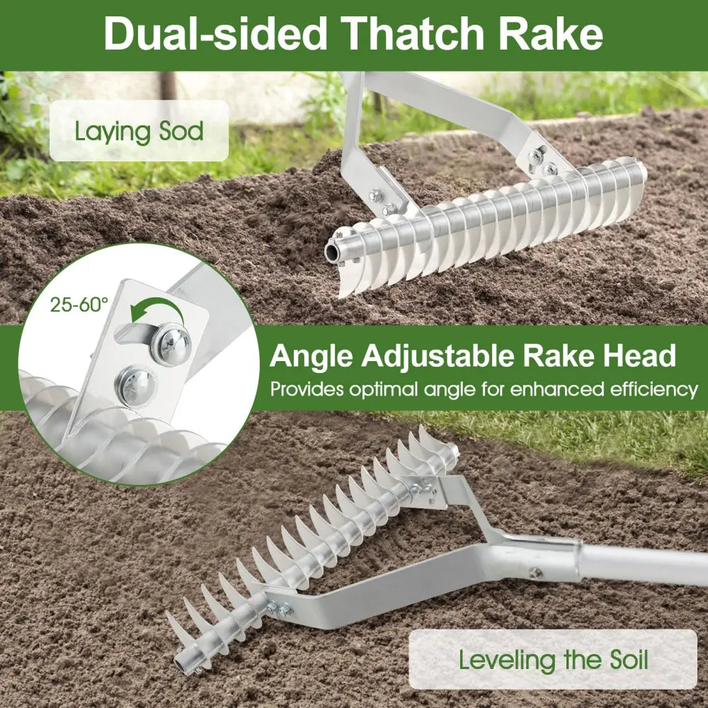 20 Inches Wide Aluminum Lawn Loosening Soil Rake with Long Handle and 19 Curved Tines - Lawn Care Tools