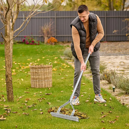 20 Inches Wide Aluminum Lawn Loosening Soil Rake with Long Handle and 19 Curved Tines - Lawn Care Tools