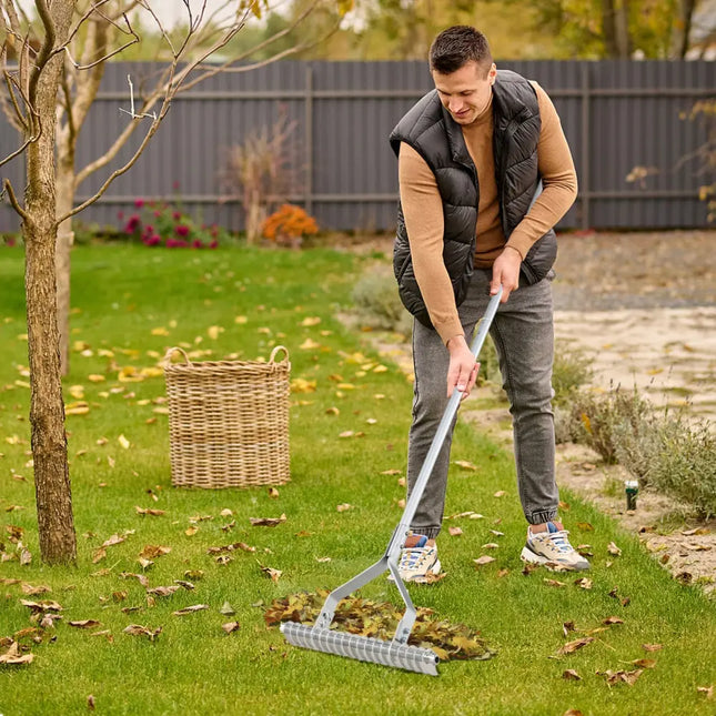 20 Inches Wide Aluminum Lawn Loosening Soil Rake with Long Handle and 19 Curved Tines - Lawn Care Tools