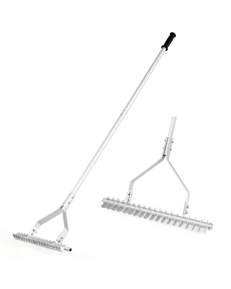 20 Inches Wide Aluminum Lawn Loosening Soil Rake with Long Handle and 19 Curved Tines - Lawn Care Tools