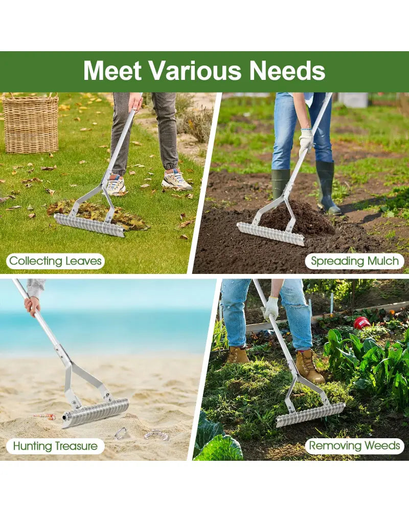 20 Inches Wide Aluminum Lawn Loosening Soil Rake with Long Handle and 19 Curved Tines - Lawn Care Tools