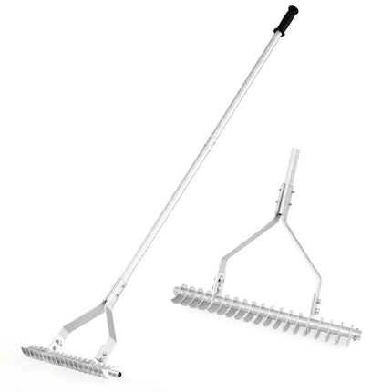 20 Inches Wide Aluminum Lawn Loosening Soil Rake with Long Handle and 19 Curved Tines - Lawn Care Tools