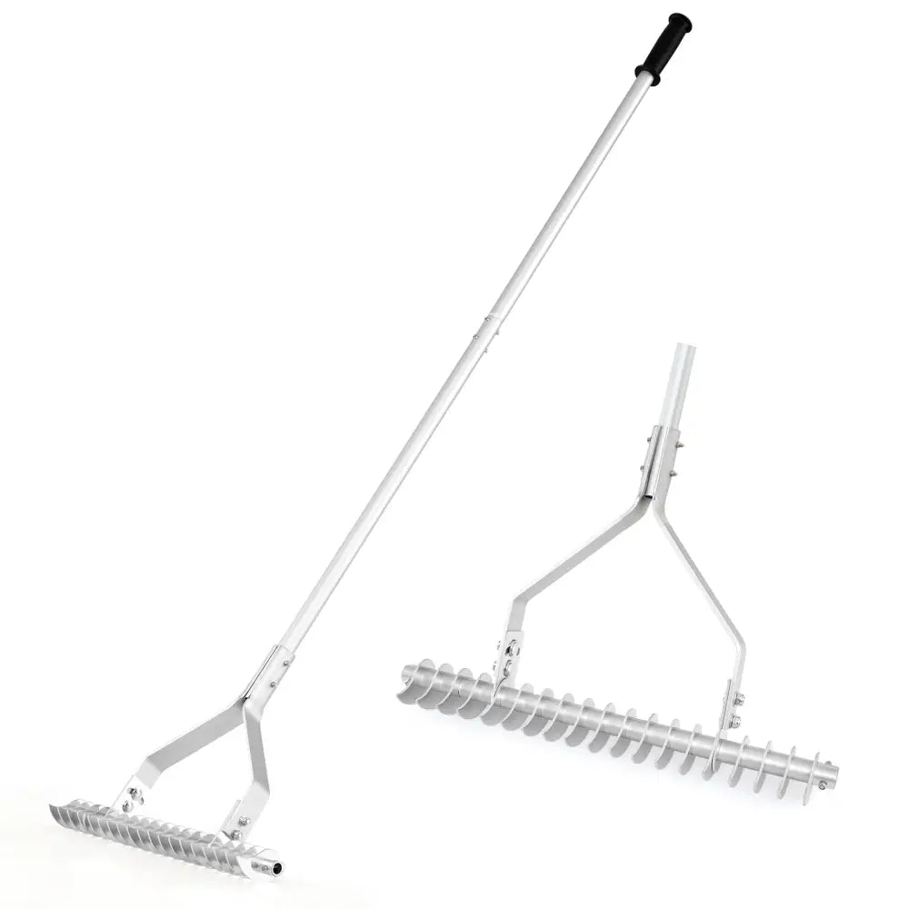 20 Inches Wide Aluminum Lawn Loosening Soil Rake with Long Handle and 19 Curved Tines - Lawn Care Tools