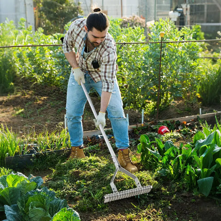20 Inches Wide Aluminum Lawn Loosening Soil Rake with Long Handle and 19 Curved Tines - Lawn Care Tools