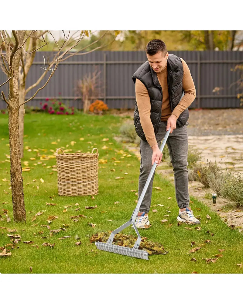 20 Inches Wide Aluminum Lawn Loosening Soil Rake with Long Handle and 19 Curved Tines - Lawn Care Tools