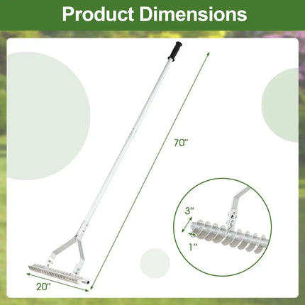 20 Inches Wide Aluminum Lawn Loosening Soil Rake with Long Handle and 19 Curved Tines - Lawn Care Tools