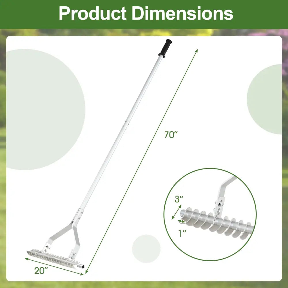 20 Inches Wide Aluminum Lawn Loosening Soil Rake with Long Handle and 19 Curved Tines - Lawn Care Tools
