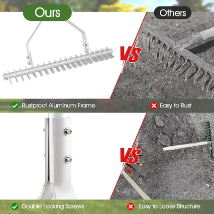20 Inches Wide Aluminum Lawn Loosening Soil Rake with Long Handle and 19 Curved Tines - Lawn Care Tools