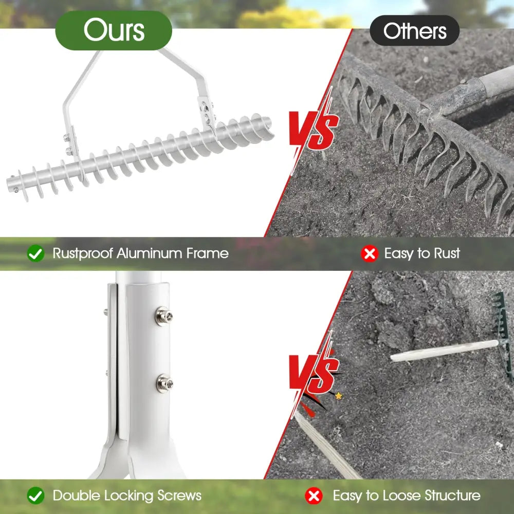 20 Inches Wide Aluminum Lawn Loosening Soil Rake with Long Handle and 19 Curved Tines - Lawn Care Tools