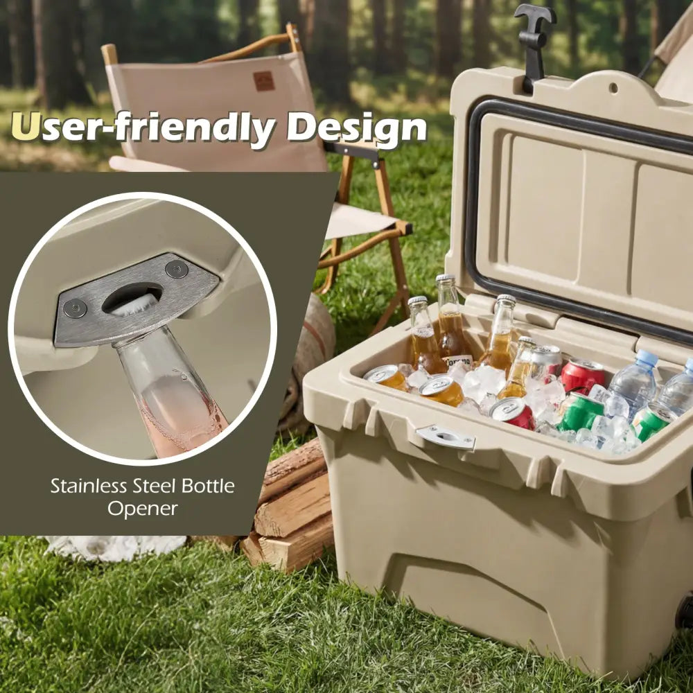 20 Quart Portable Hard Cooler with Built-in Ruler and Bottle-Khaki - Khaki - Coolers