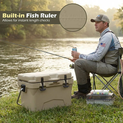 20 Quart Portable Hard Cooler with Built-in Ruler and Bottle-Khaki - Khaki - Coolers