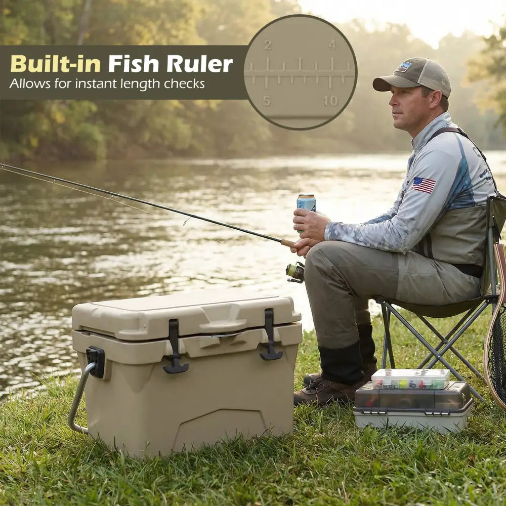 20 Quart Portable Hard Cooler with Built-in Ruler and Bottle-Khaki - Khaki - Coolers