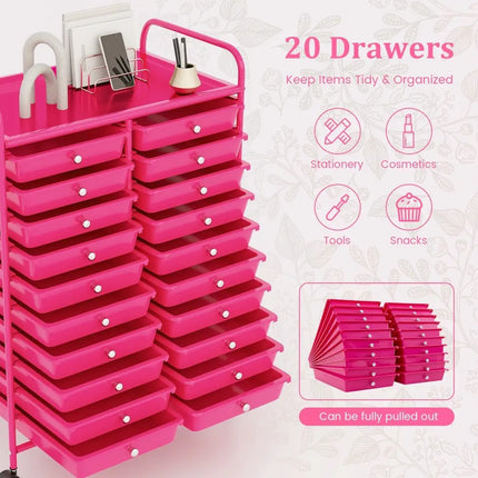 20 Removable Drawers Rolling Storage Cart Studio Organizer-Pink Costway