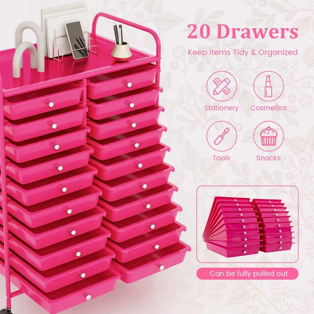 20 Removable Drawers Rolling Storage Cart Studio Organizer-Pink Costway