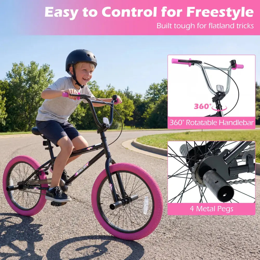 20’’ Trick Bicycle with 360 Degree Steering and Adjustable Seat for Kids and Teens-Pink - Pink - Kids Bike